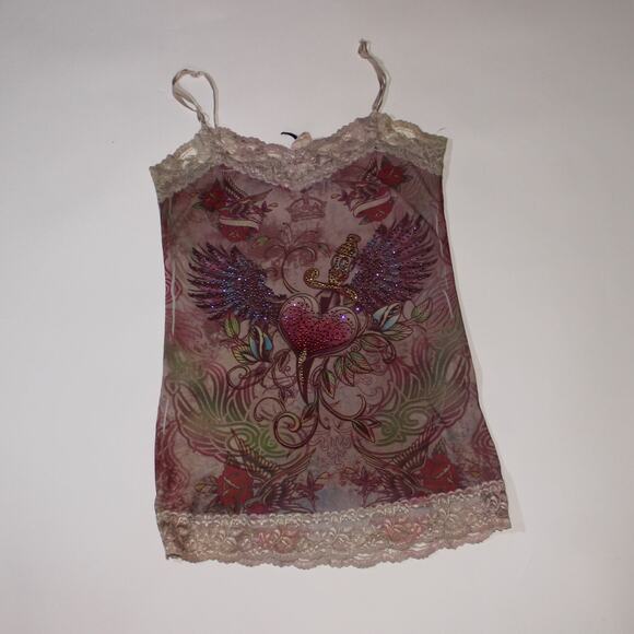 Vintage Y2K C Gen Grunge Tattoo Slip Dress With Lace Trim And Rhinestones M - Picture 1 of 4